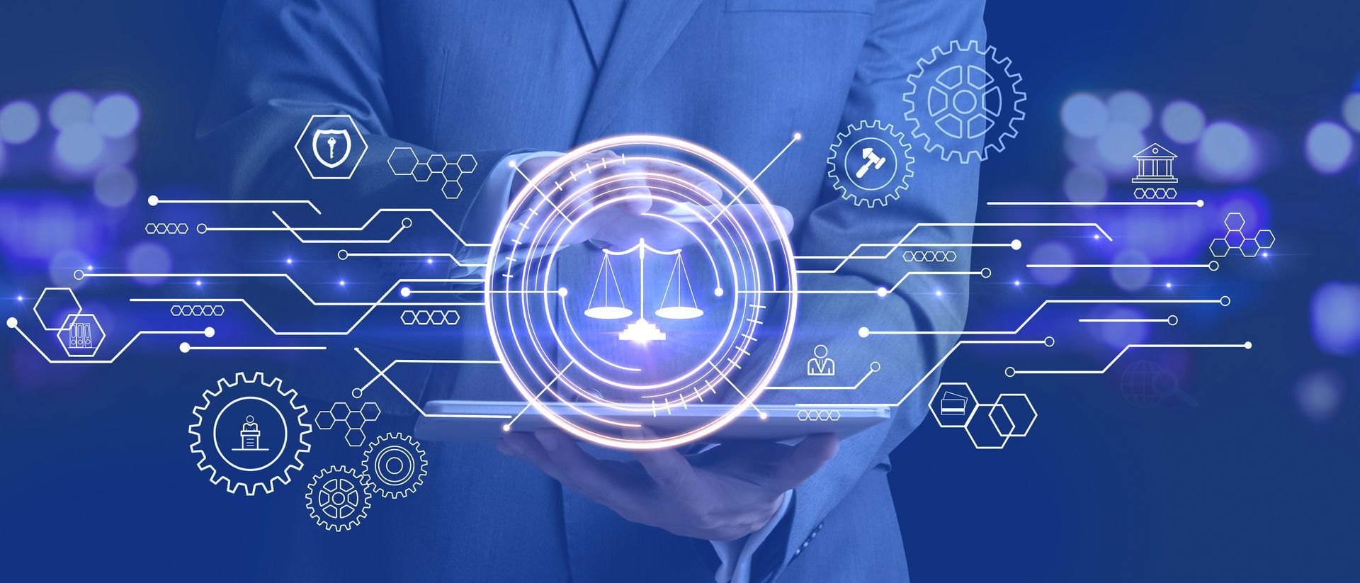 A man in a suit is holding a digital scale of justice in his hands.