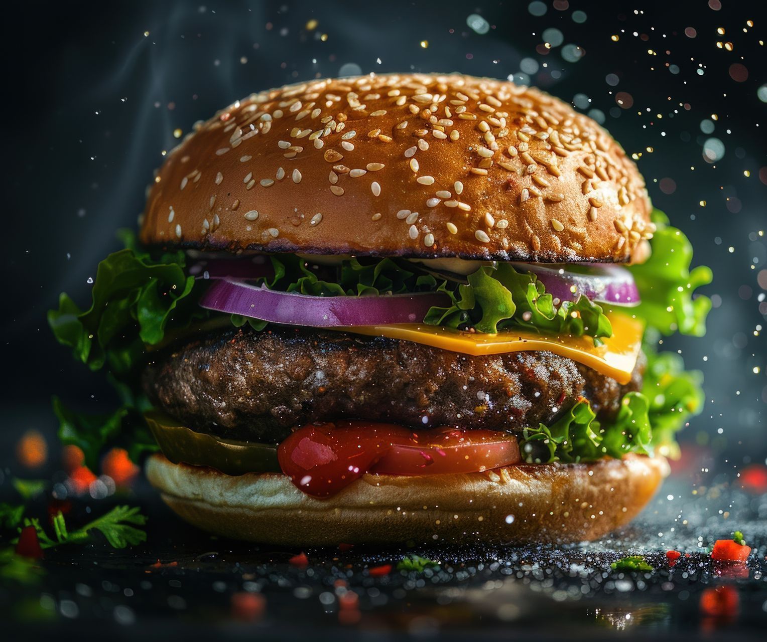 A close up of a hamburger with lettuce , cheese , onions and tomatoes on a table.