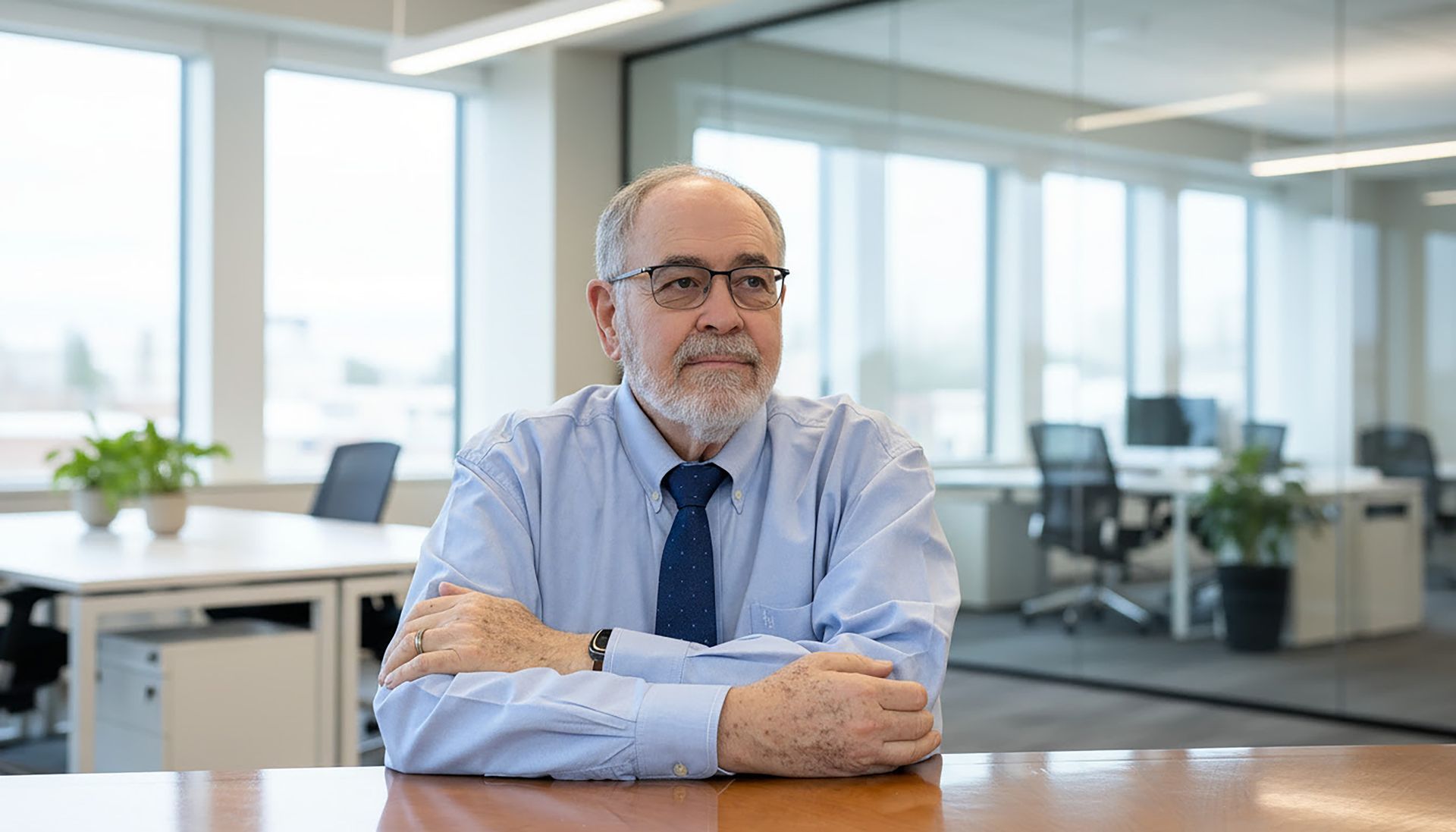 A man with a beard is sitting at a desk using a tablet computer.