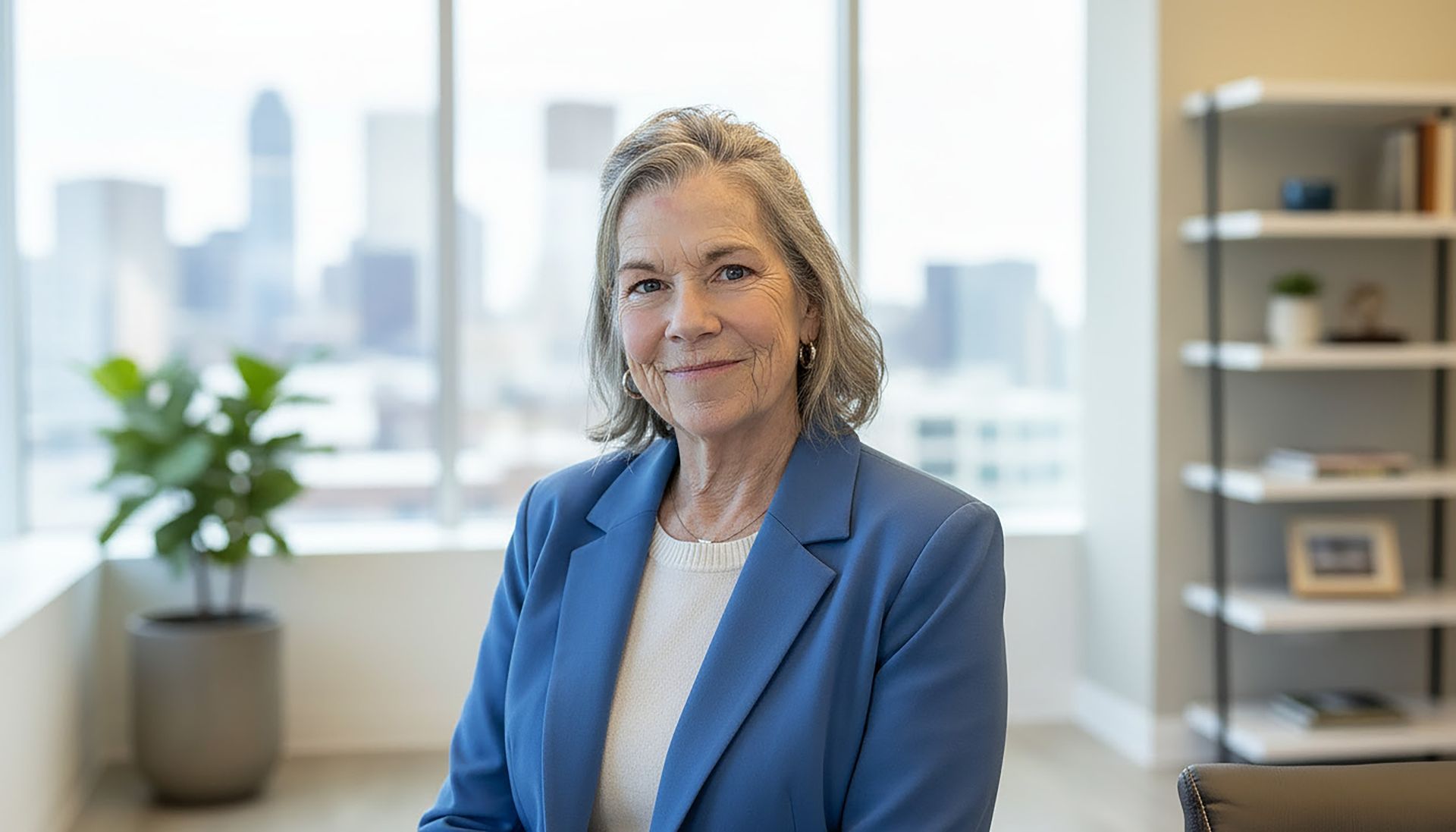 A woman is sitting in front of a bookshelf and looking out a window.
