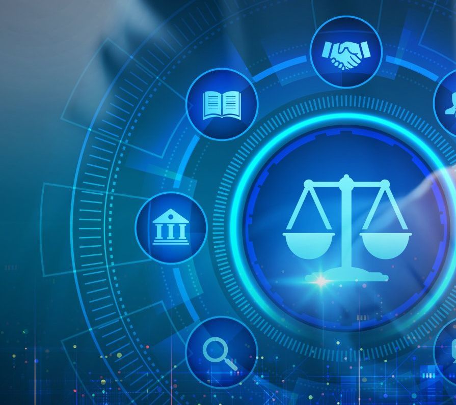 A blue circle with a scale of justice inside of it