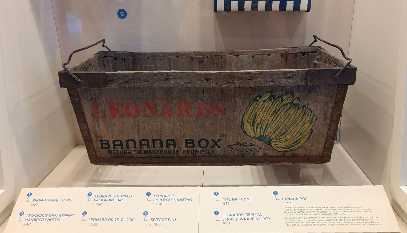 A banana box is on display in a museum.
