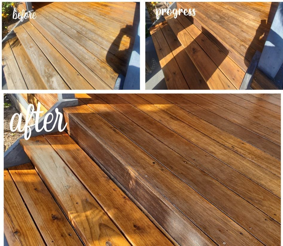 A before and after photo of a wooden deck — JWP Painting & Property Services in Ettalong Beach, NSW