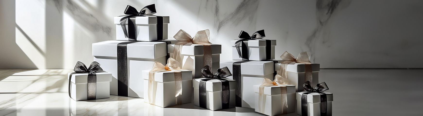 A group of black and white gift boxes sitting on top of each other on a table.