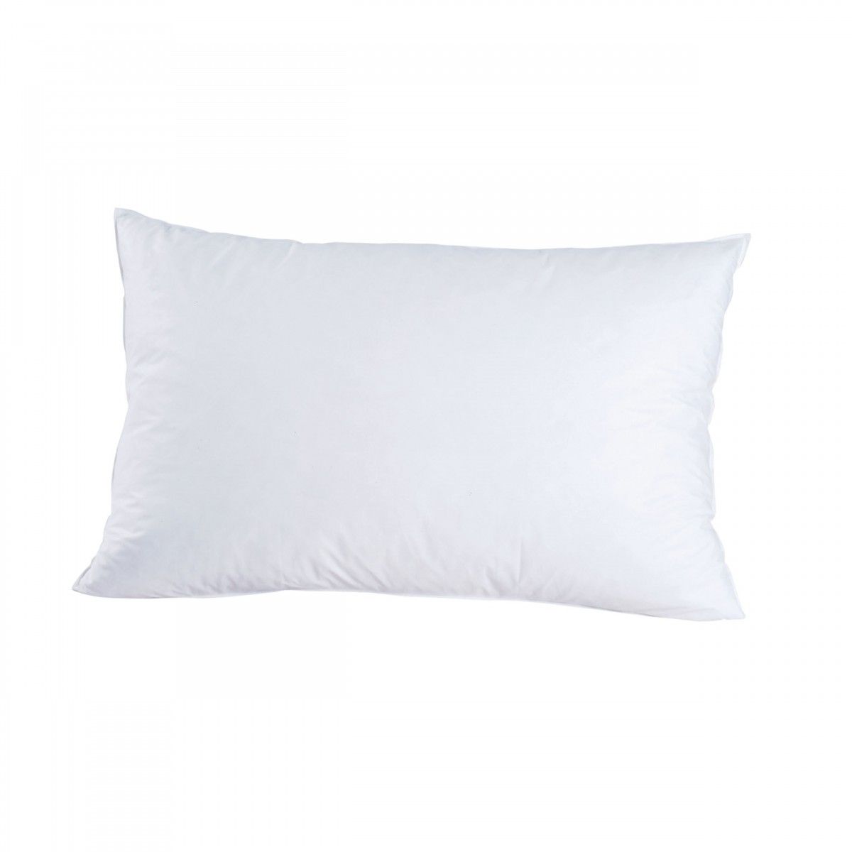 A white pillow is sitting on a white surface.