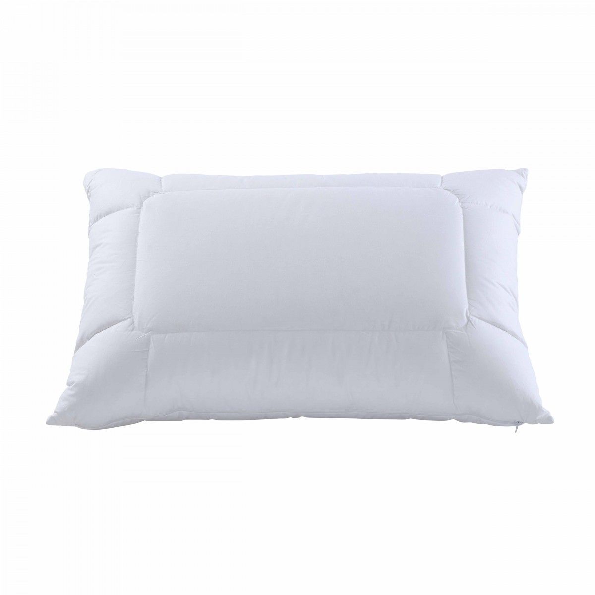 A white pillow is sitting on a white surface.