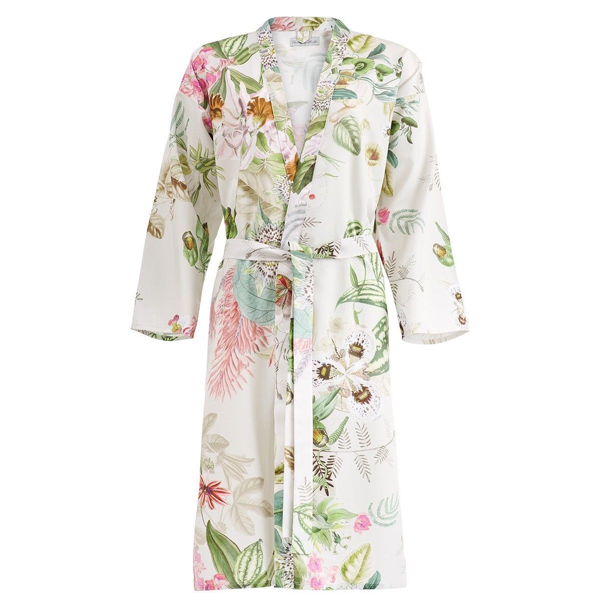 A white robe with a floral print on it