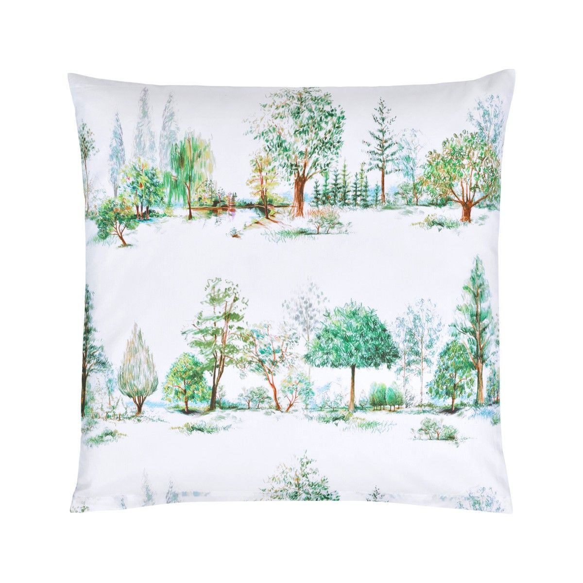 A pillow with trees on it on a white background.