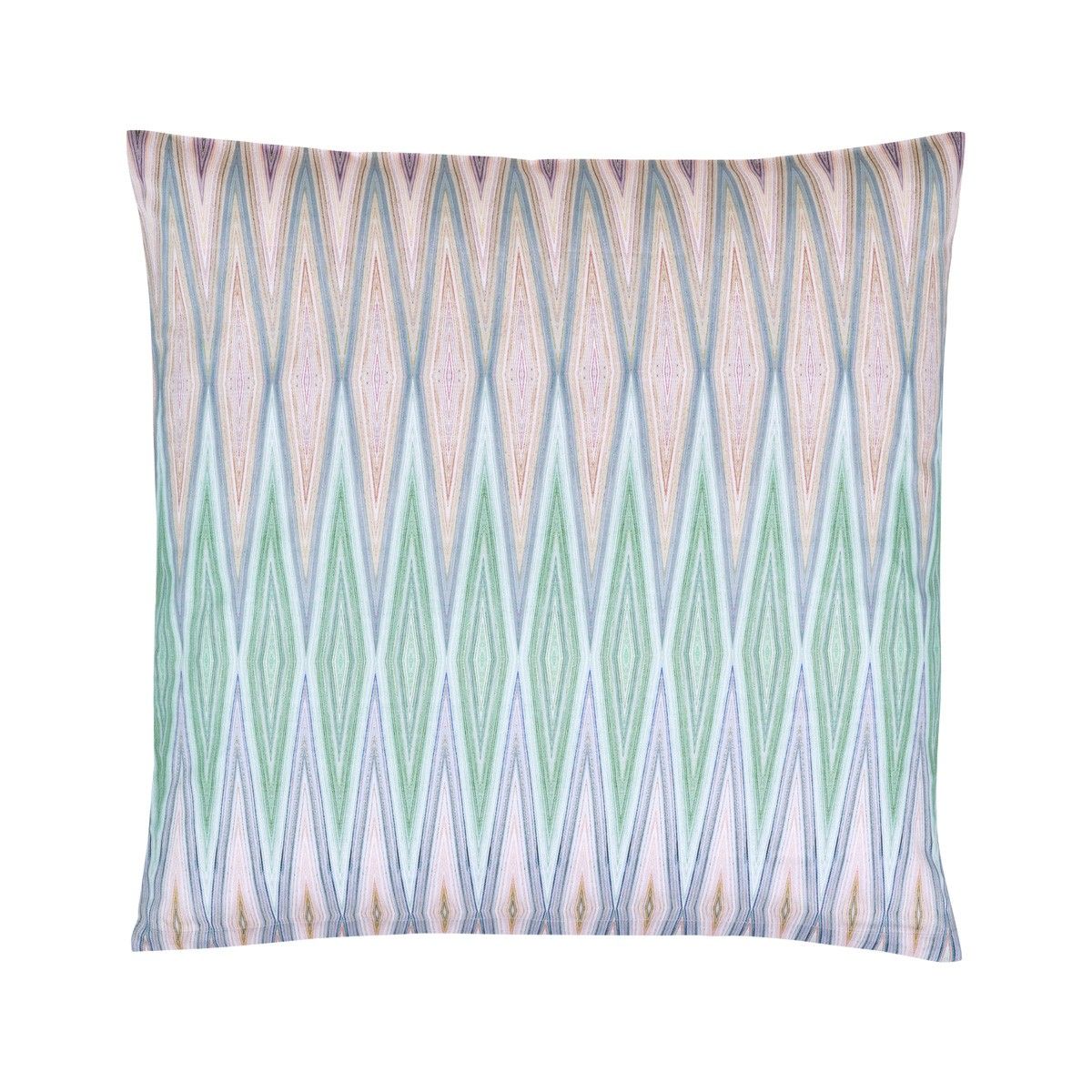 A pillow with a geometric pattern on it is on a white background.