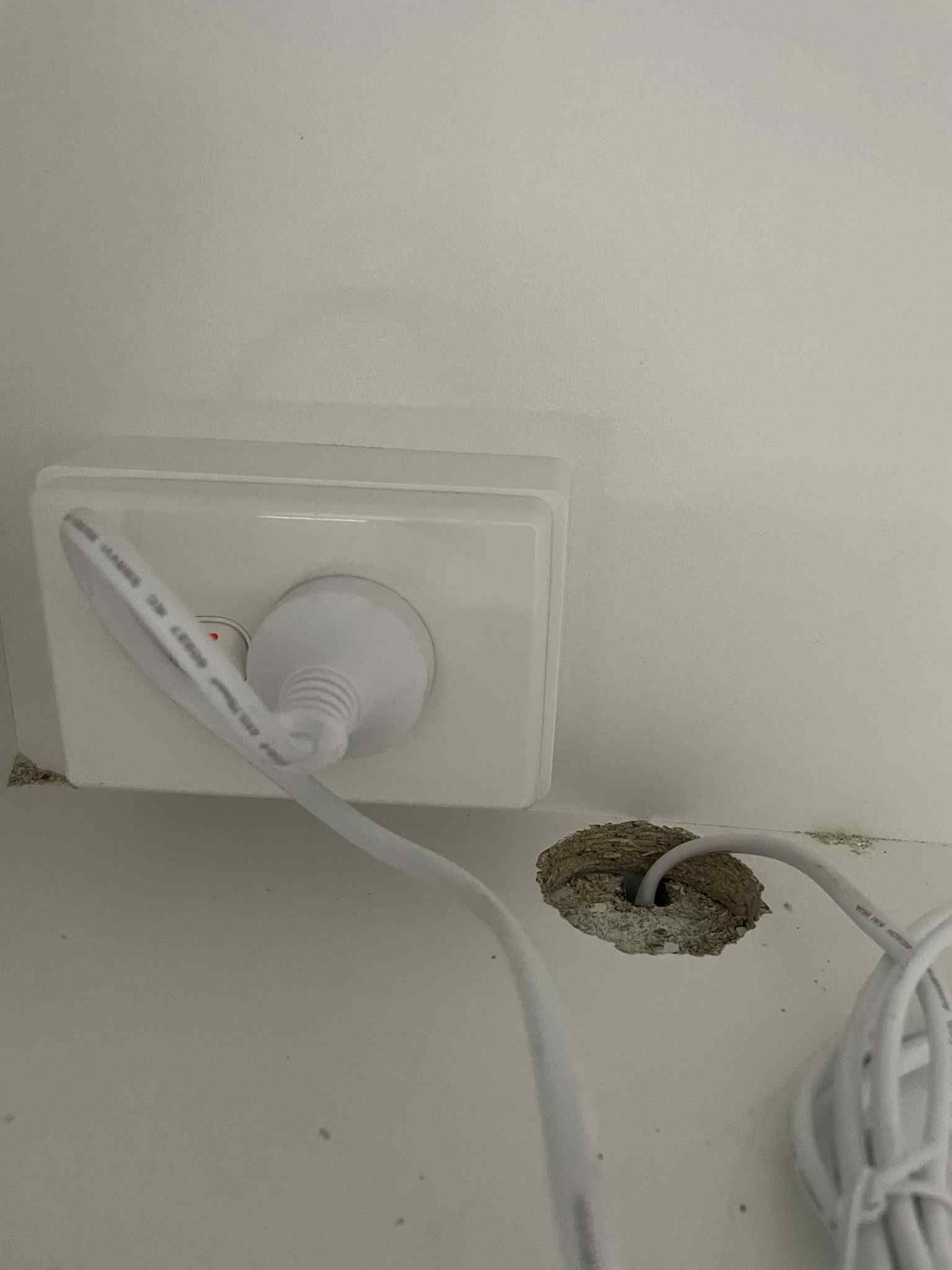 Double light switch on hallway wall with white faceplate