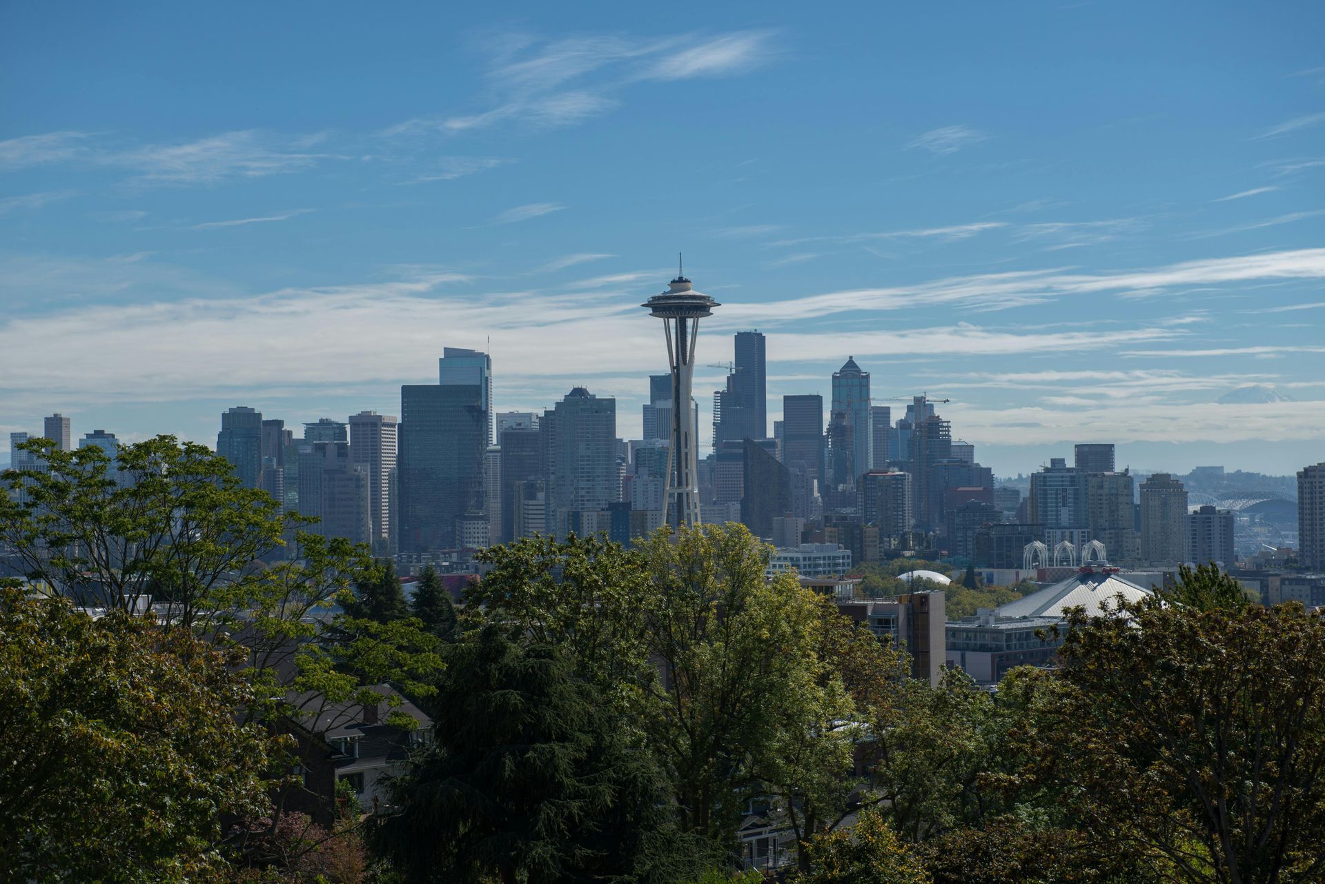 Seattle skyline with the Space Needle under a blue sky, framed by green trees