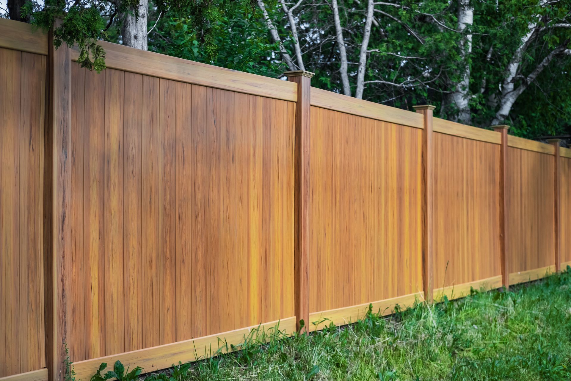 Wooden privacy fence in a yard with trees in the background. Wooden privacy fence in a yard with trees in the background.
