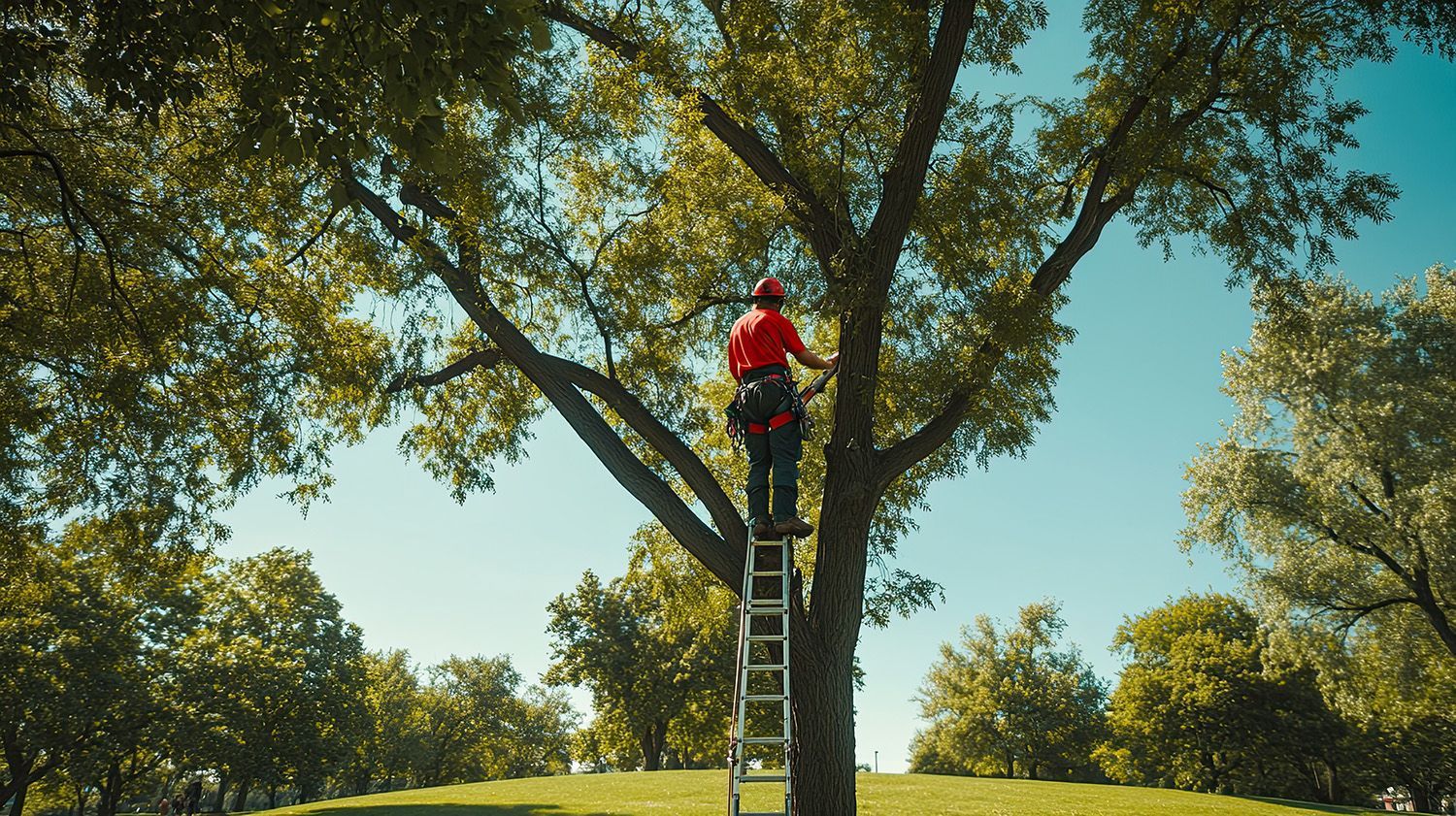 A professional arborist pruning a large tree outdoors with a harness and ladder.