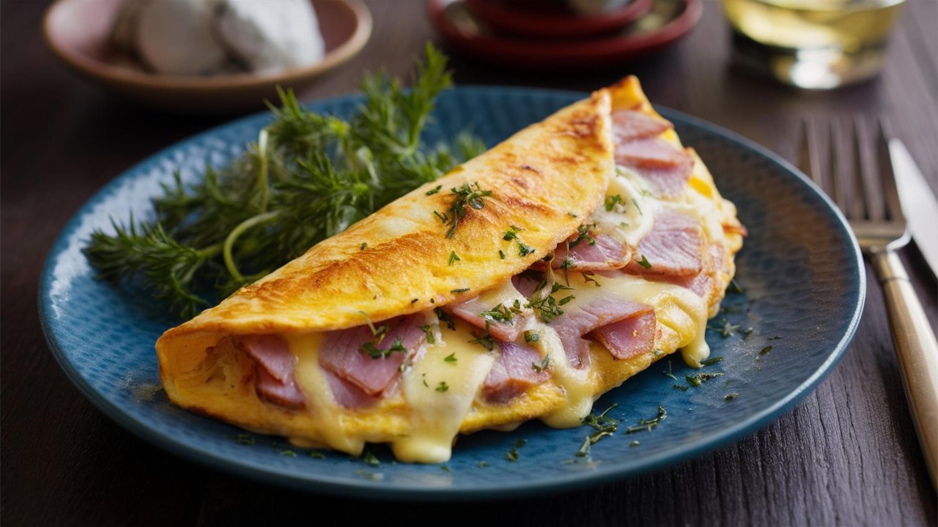 A blue plate topped with an omelet with ham and cheese.