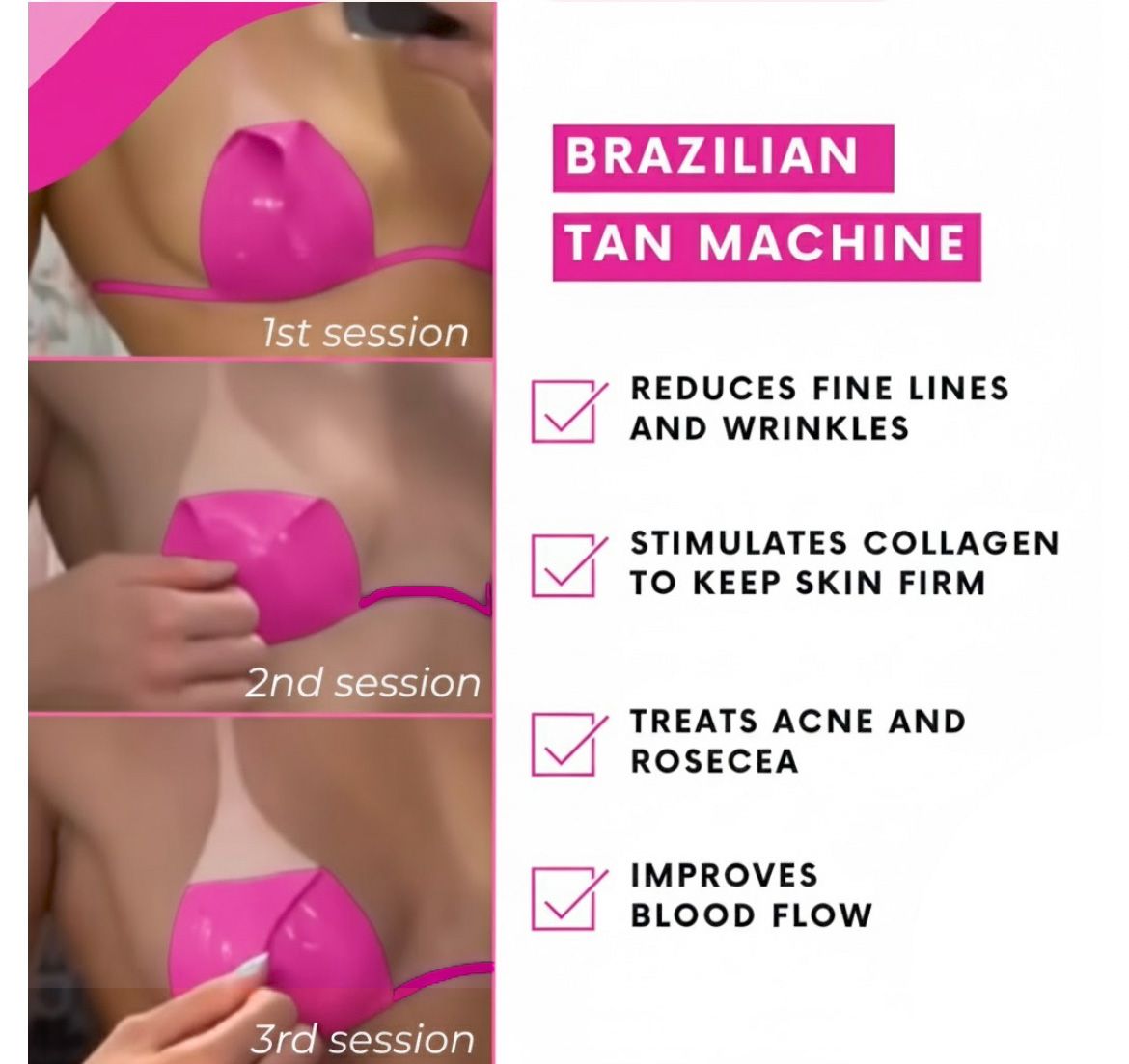 Brazilian tan machine demonstrating skin tanning in 3 sessions; benefits listed.