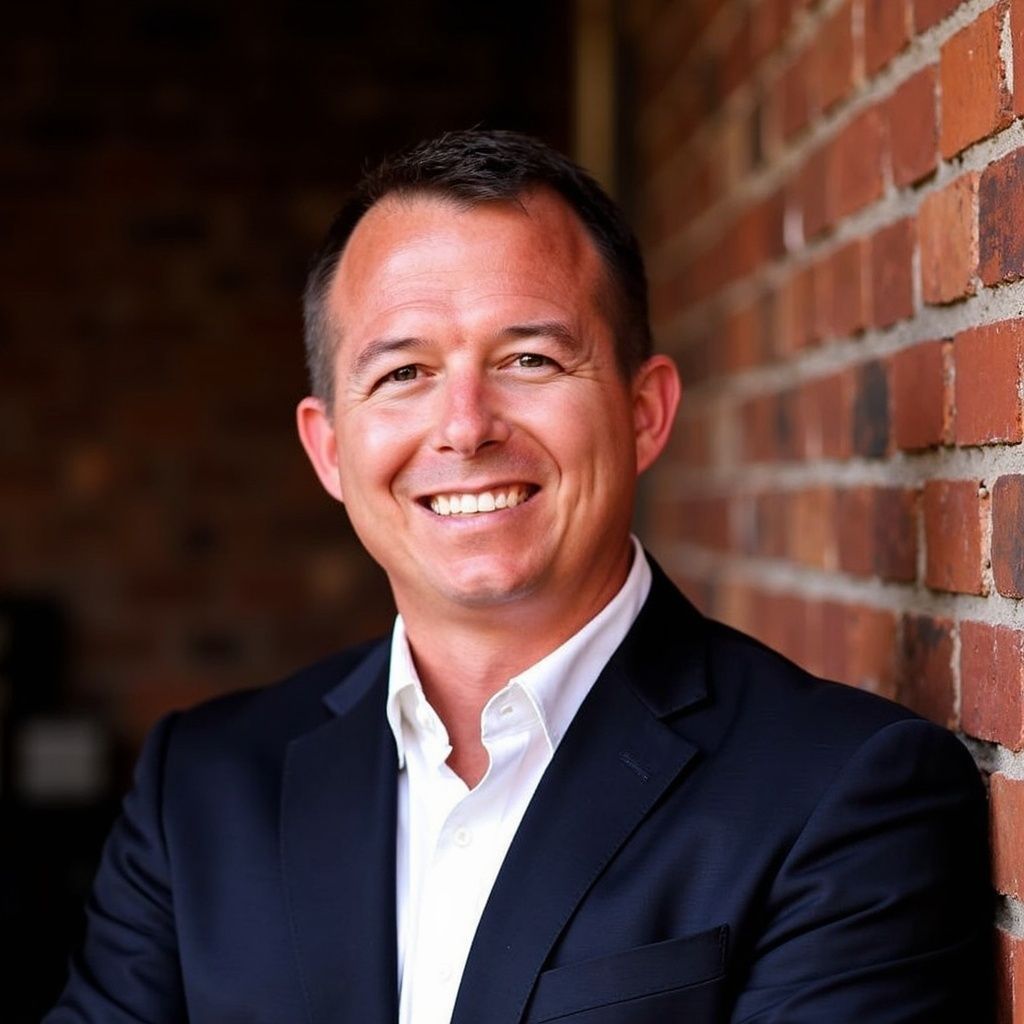 Man in dark suit, white shirt, smiling, leaning against a brick wall.