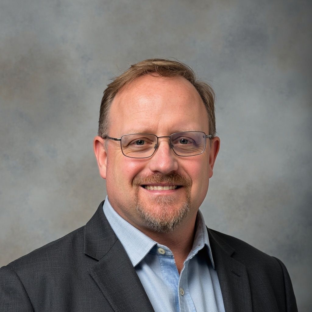 A man with a beard and glasses is wearing a blue suit and white shirt.