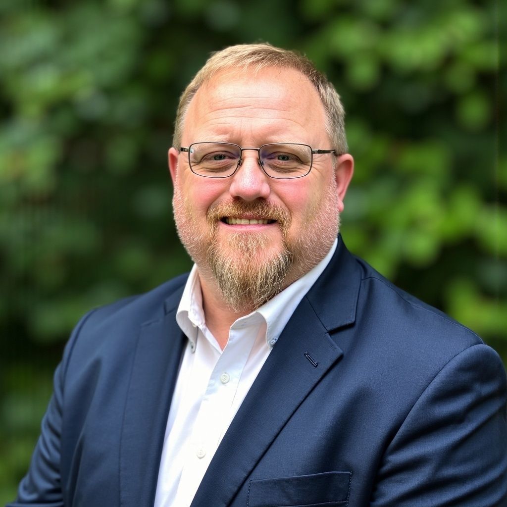 A man with a beard and glasses is wearing a blue suit and white shirt.