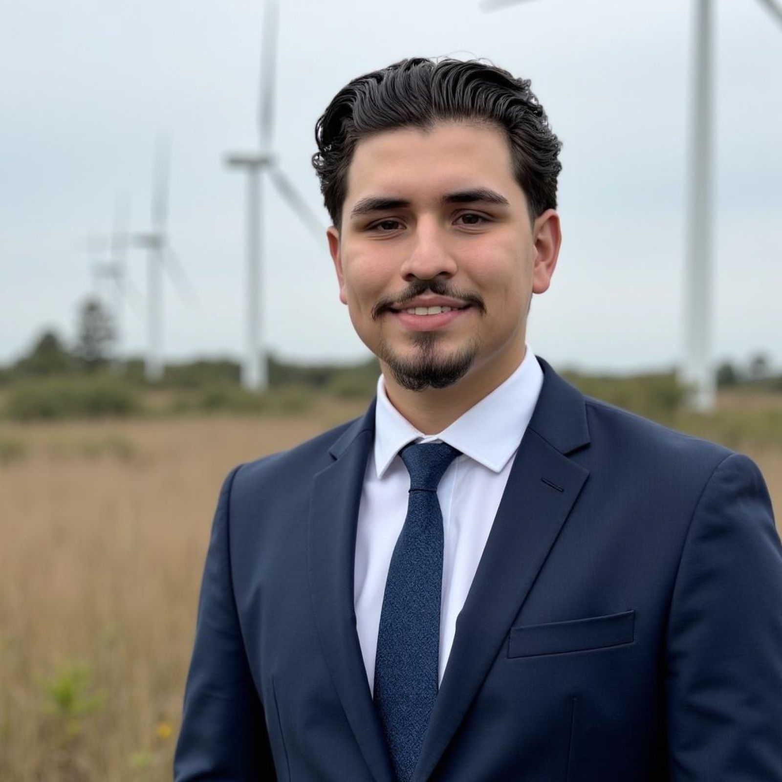 A man in a suit and tie is standing in front of windmills.