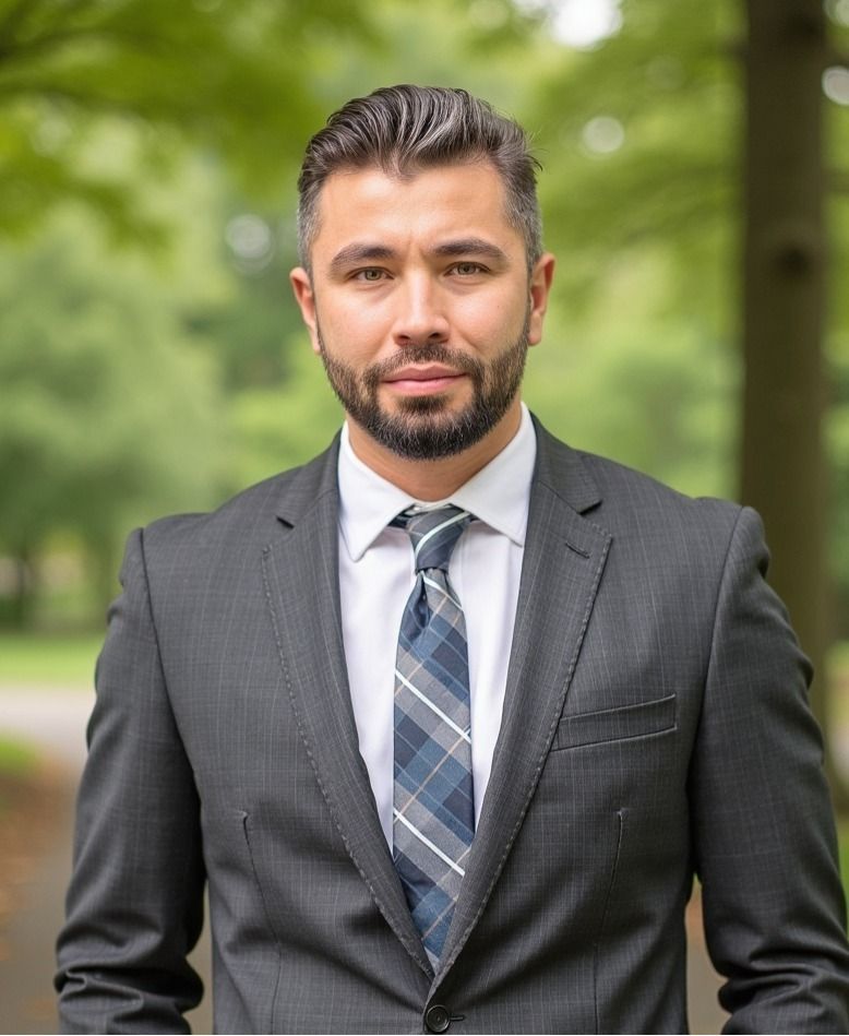 A man in a suit and tie is standing in a park