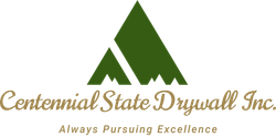 The logo for centennial state drywall inc. shows a mountain and says `` always pursuing excellence ''.
