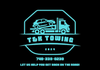 Turquoise T&K Towing logo on black background: a tow truck hauling a car. Includes phone number and tagline.