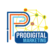 A logo for prodigital marketing shows a letter p surrounded by social media icons.