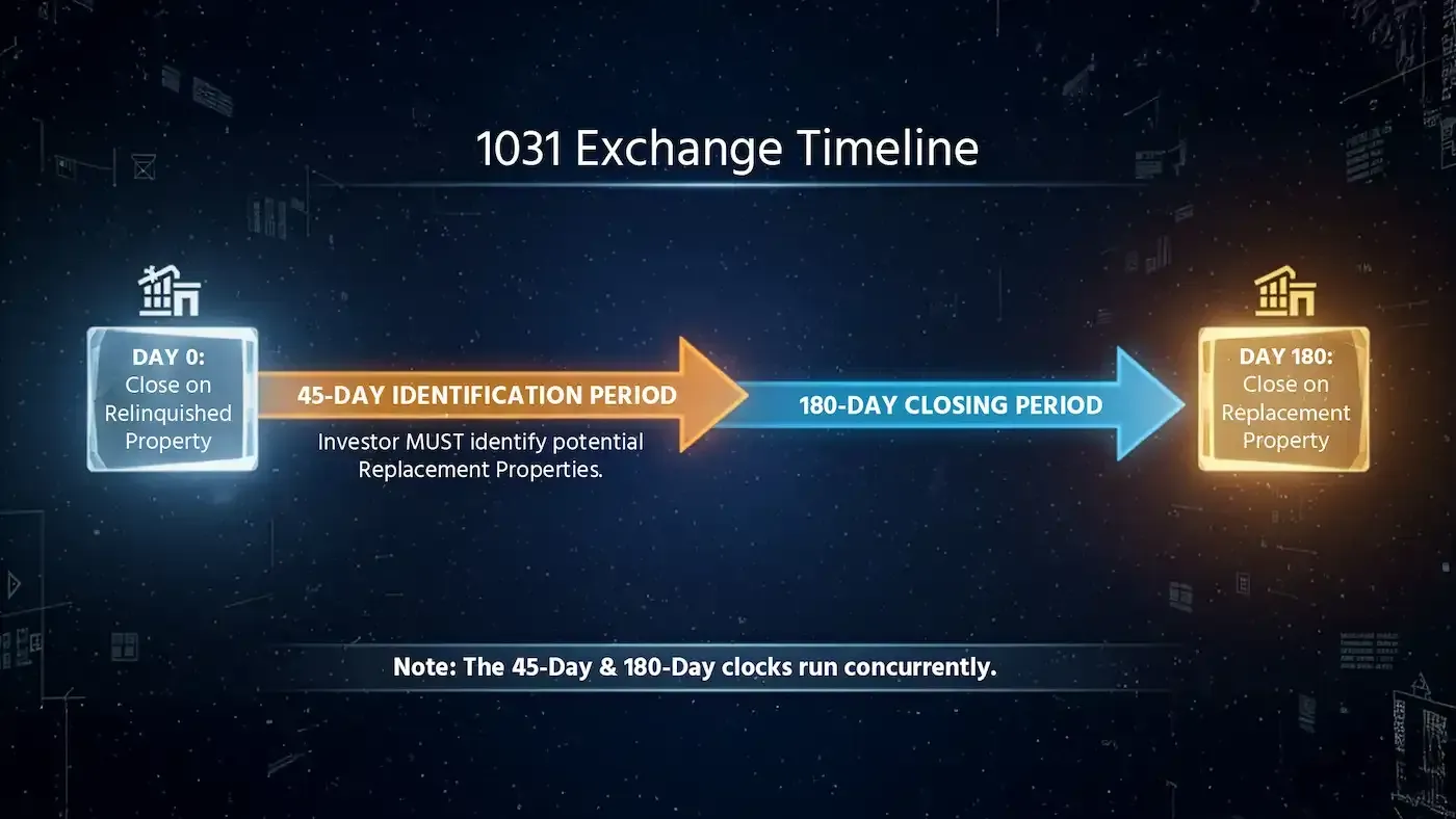 A diagram showing the 1031 exchange timeline, which includes the 45-day & 180-day periods.