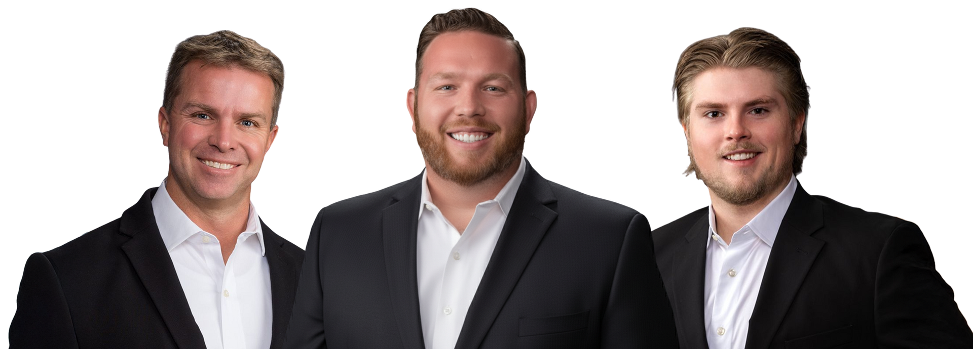 Three men in suits smiling, posed against a white background.