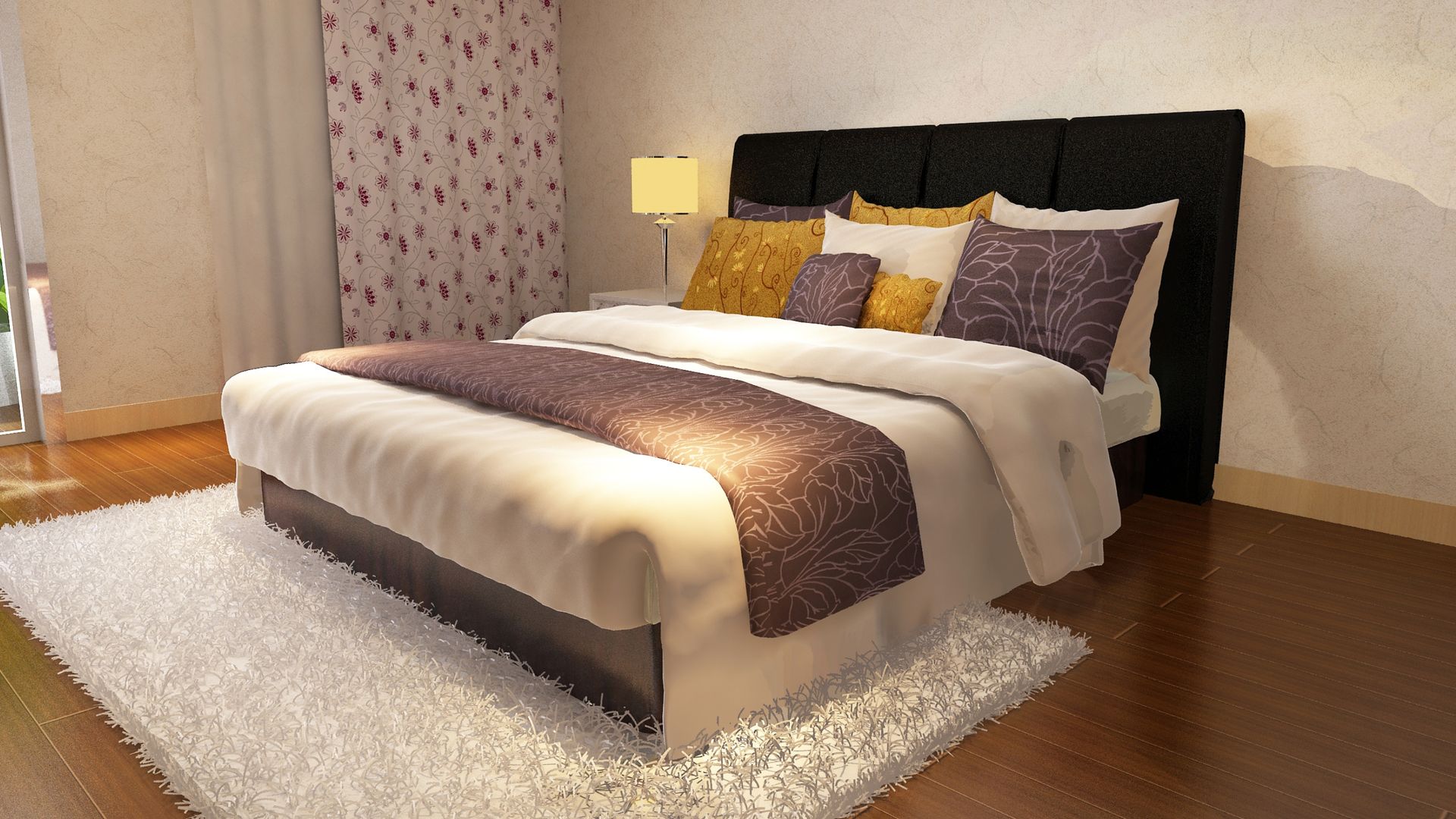 A bedroom with a large bed and a rug