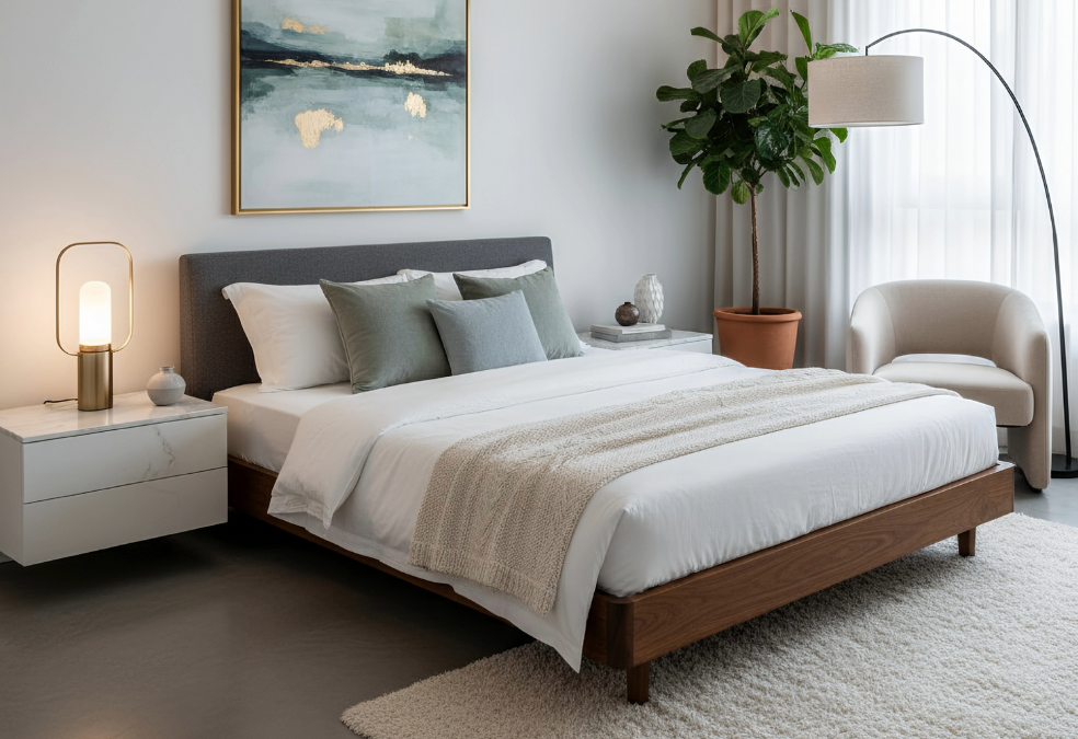 A bedroom with a large bed and a rug