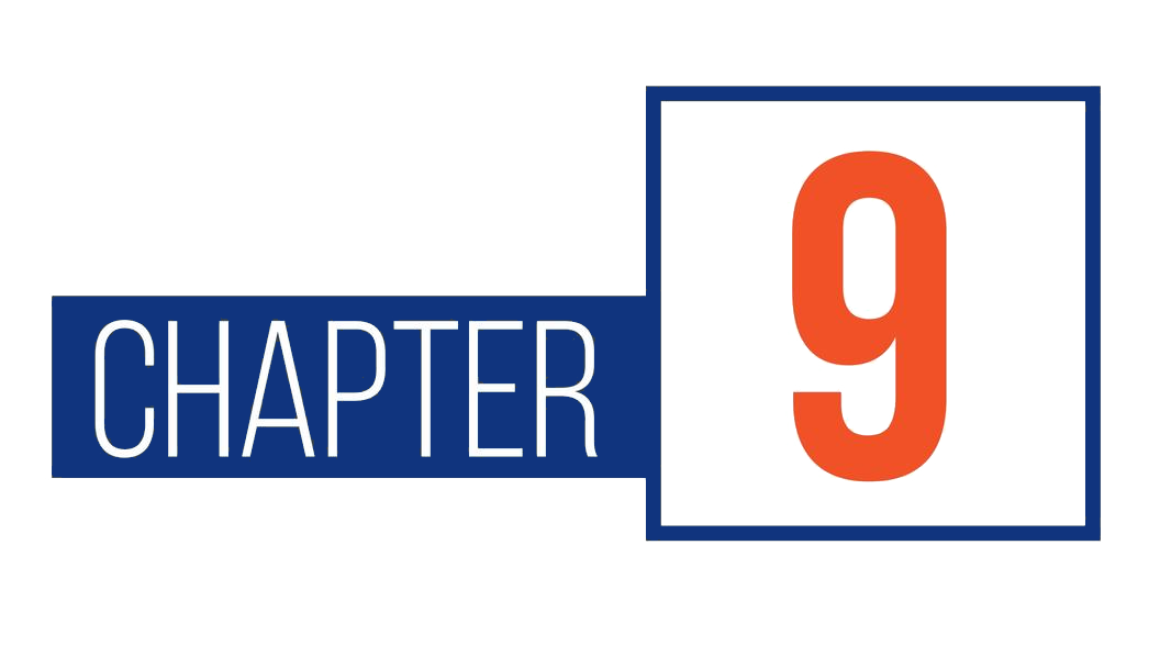 A blue and white sign that says chapter 9 on it.