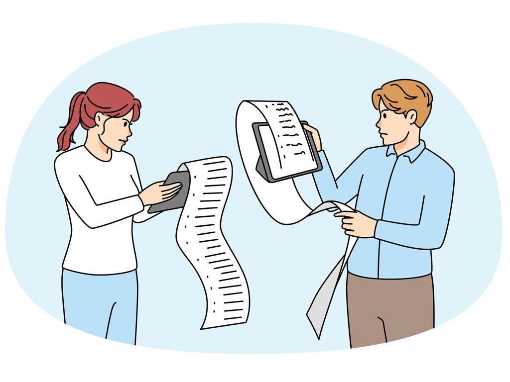 Woman and man examining long lists printed on paper, looking concerned.