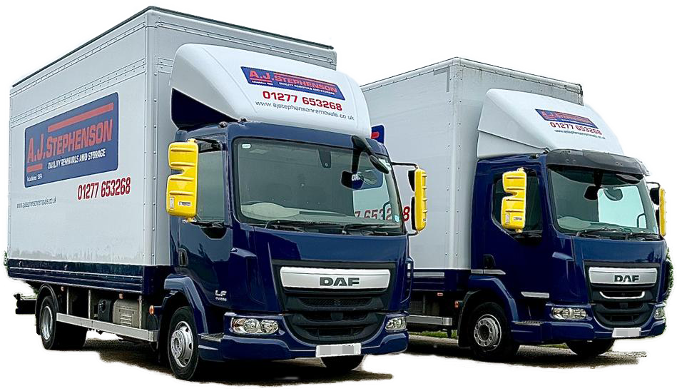 Two trucks are parked next to each other on a white background.