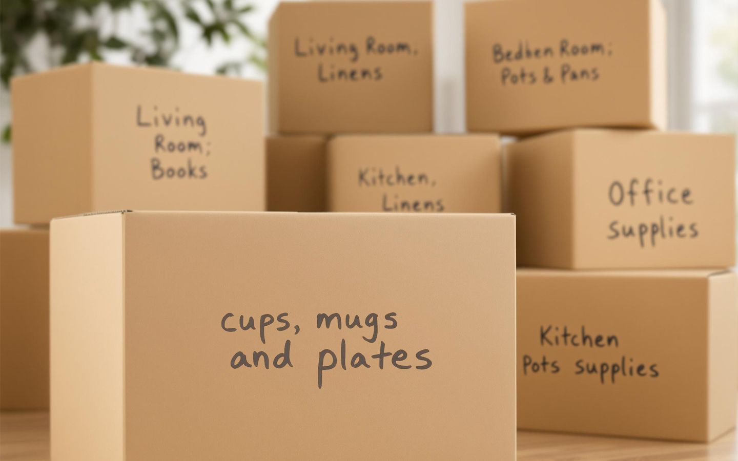 A stack of cardboard boxes labelled cups mugs and plates