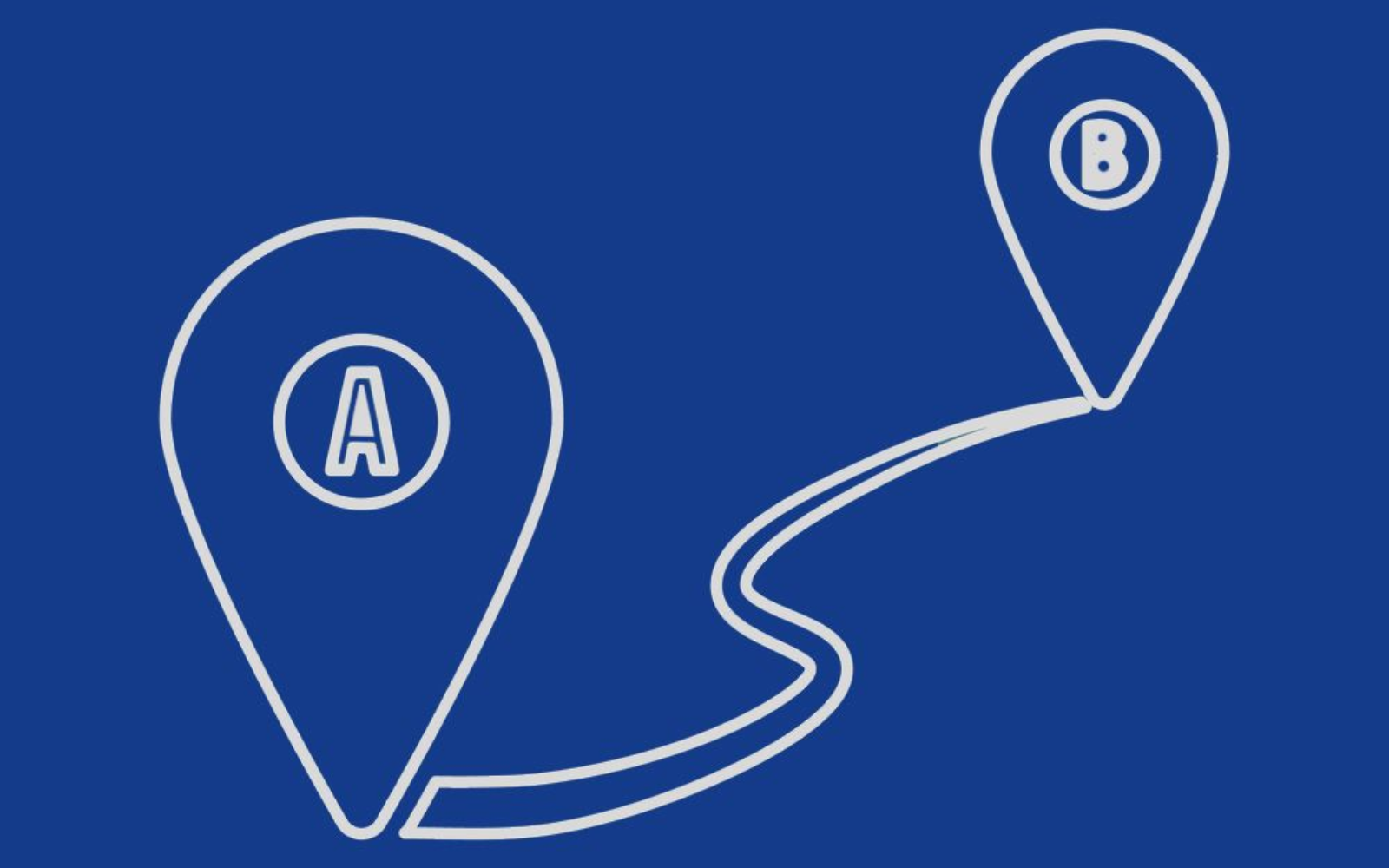 Map with location markers A and B, connected by a winding path on a blue background.