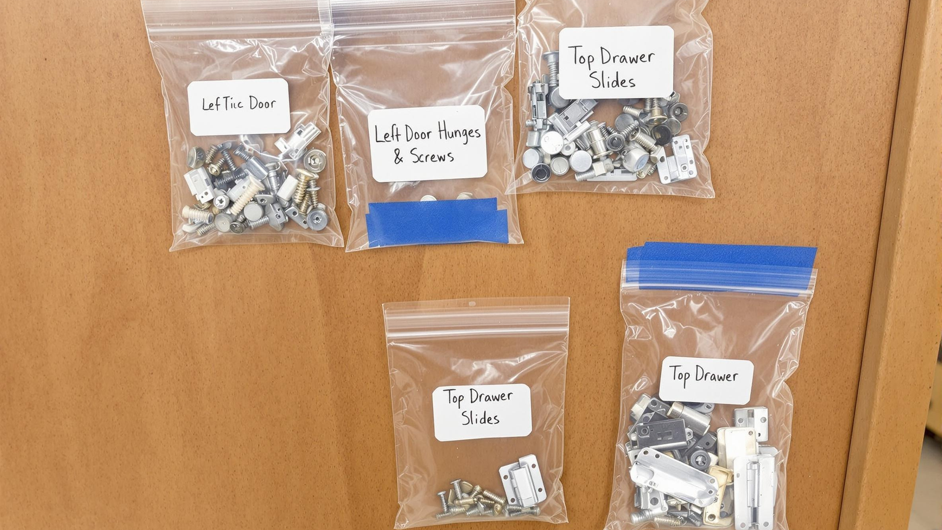A wooden board with plastic bags of screws and nuts on it