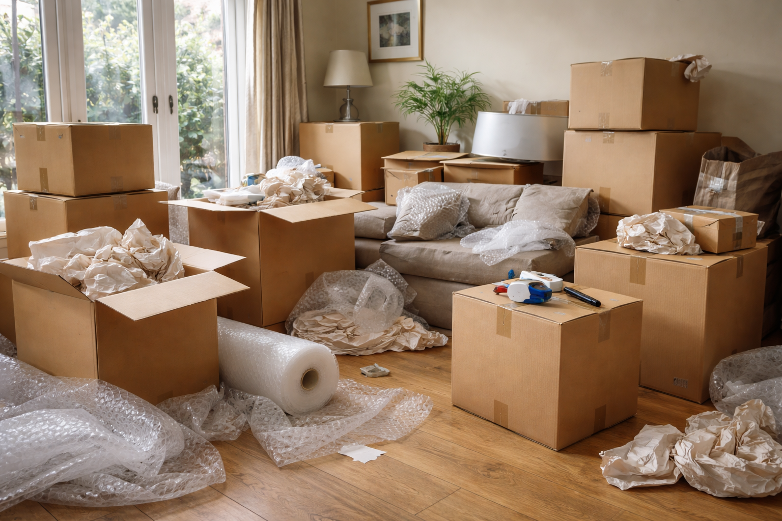 Boxes and packing materials in a living room, suggesting a move.