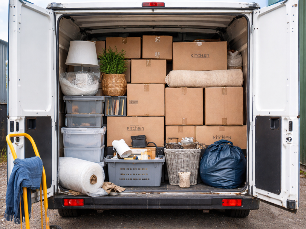 Van loaded with moving boxes, household items, and a plant. Rear doors open.