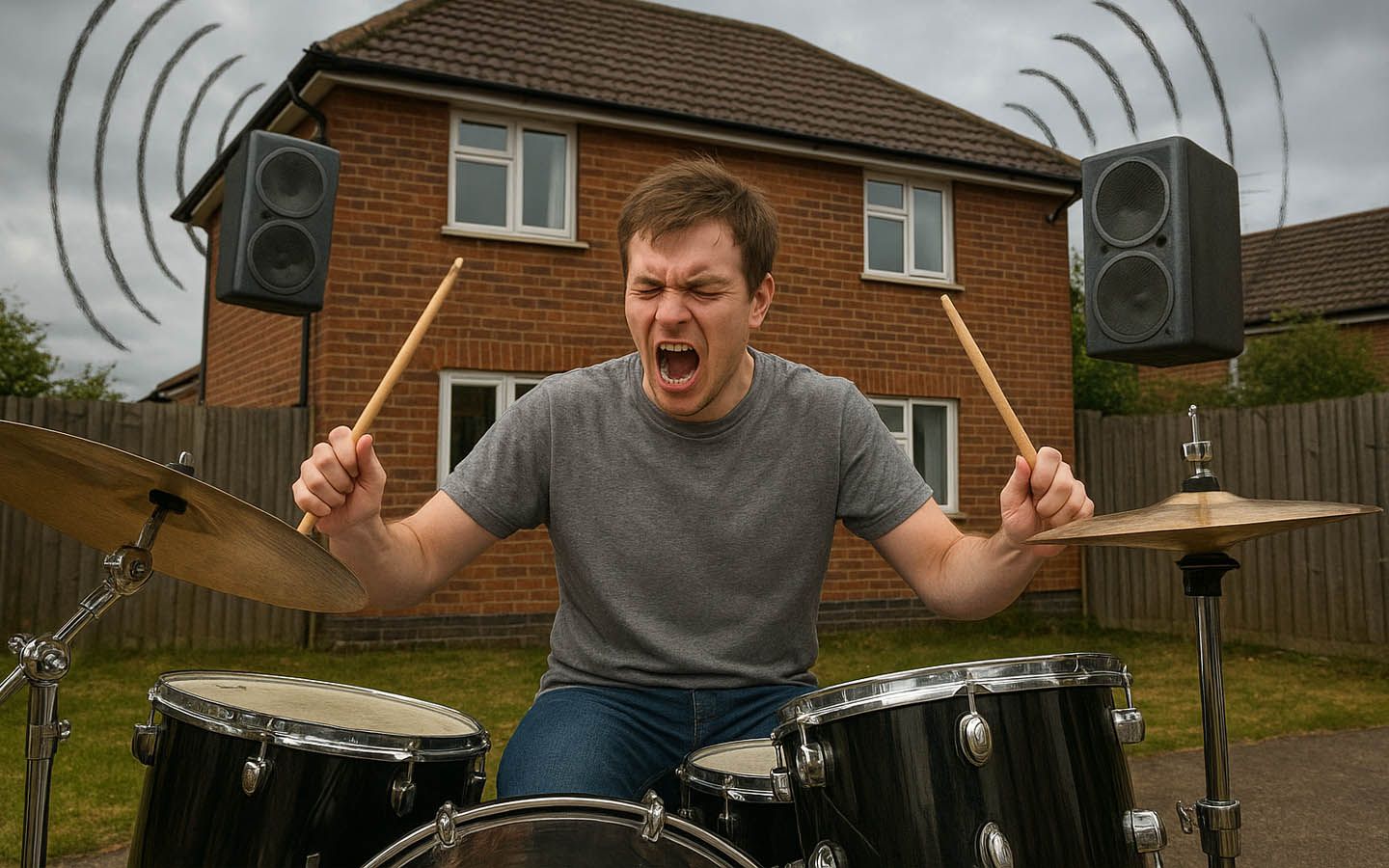Man playing drums loudly in front of a house, with sound waves emanating from the drums and speakers.