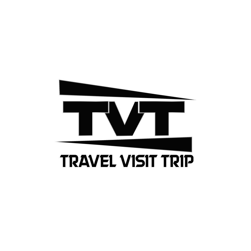 A black and white logo for a travel company called tvt travel visit trip.