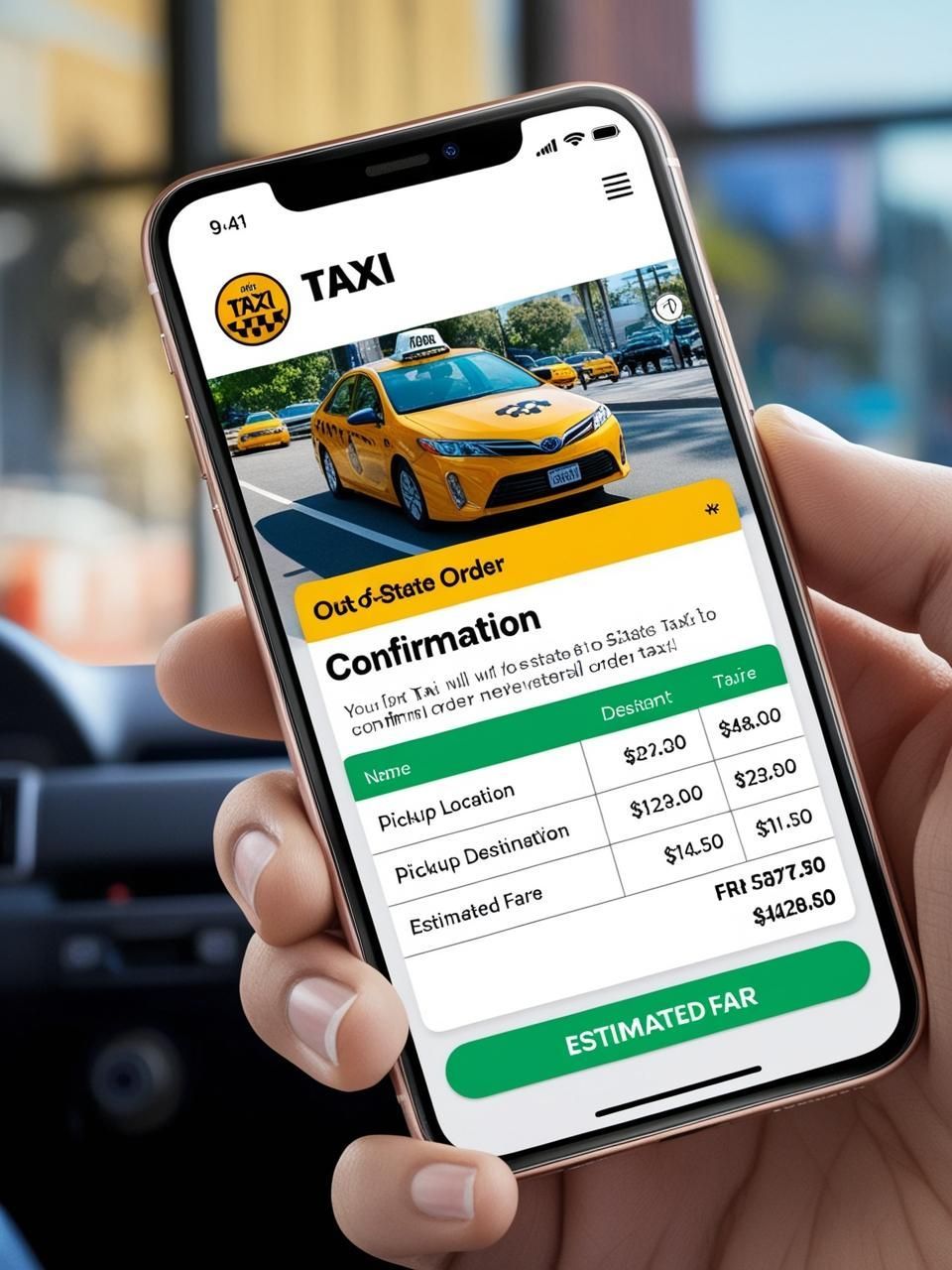 A person is holding a cell phone with a taxi app on it