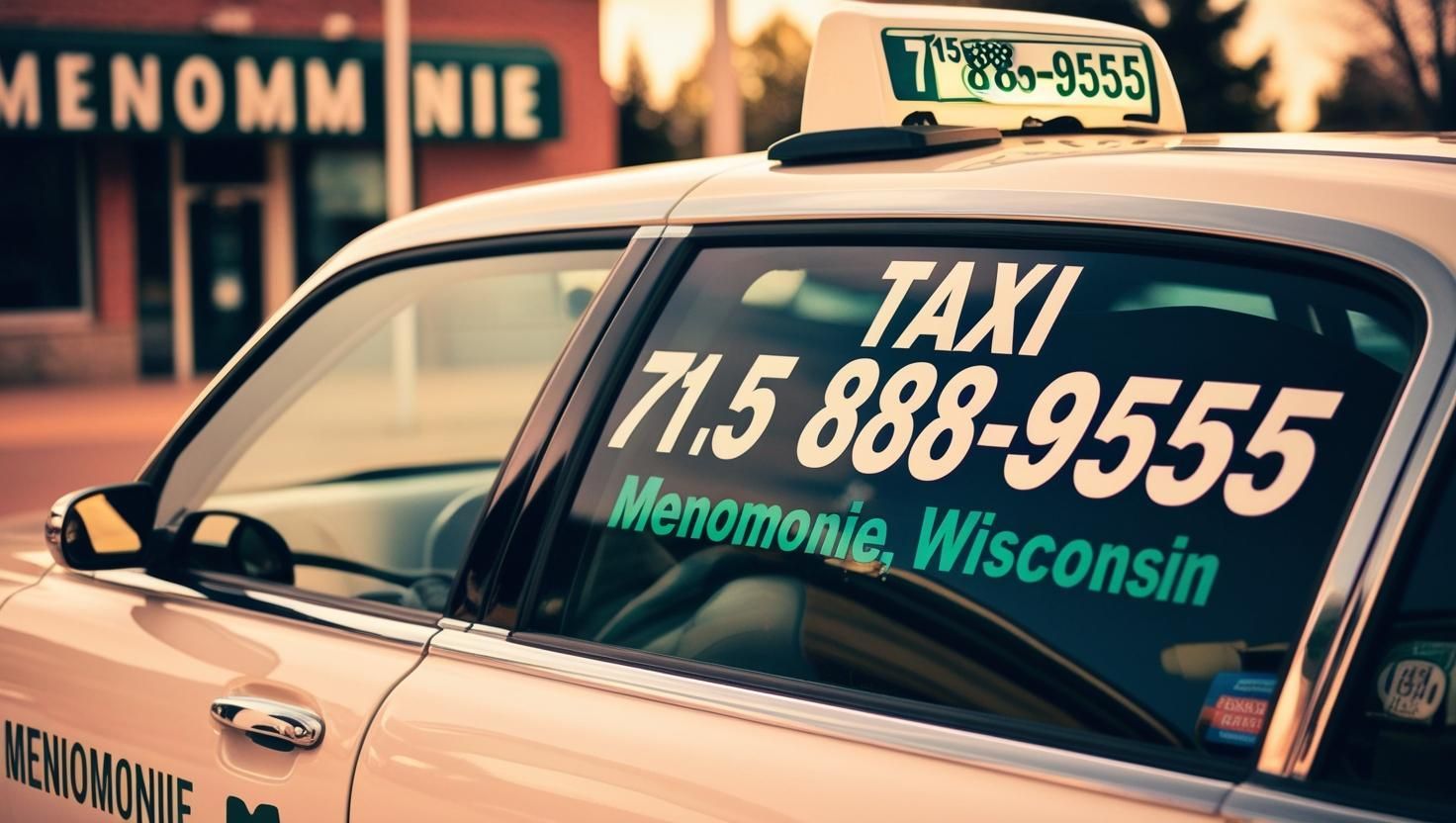 A taxi is parked in front of a building that says menomonie wisconsin