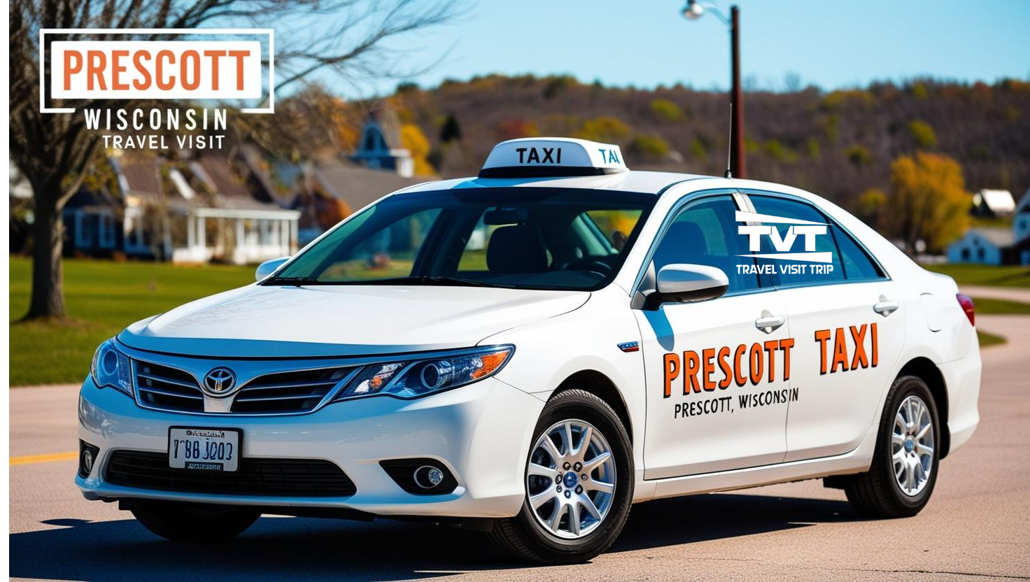 A white prescott taxi is parked on the side of the road