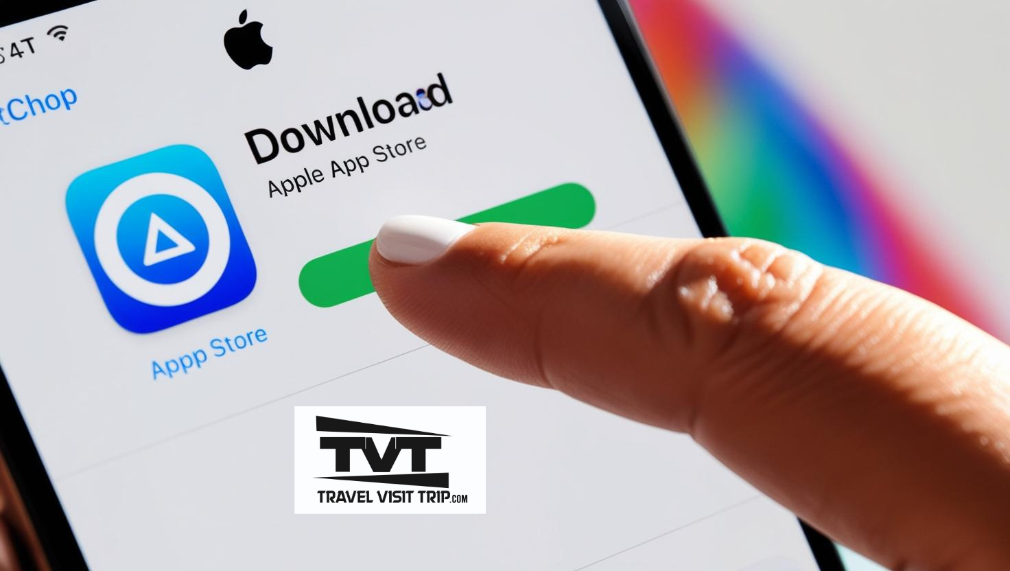 A person is pressing a button on a cell phone to download an app from the  Travel Visit Trip apple app store.