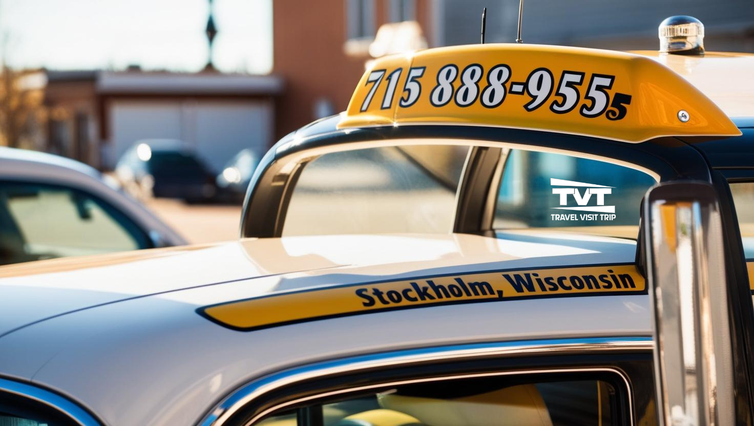 A taxi cab with the number 715 888-9555 on the top of it