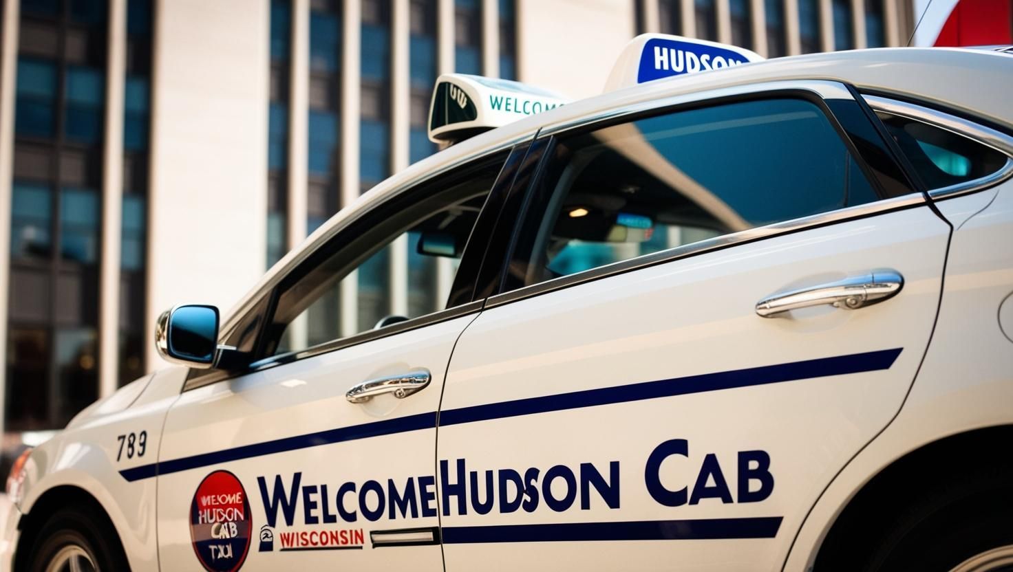 A white welcome hudson cab is parked in front of a building