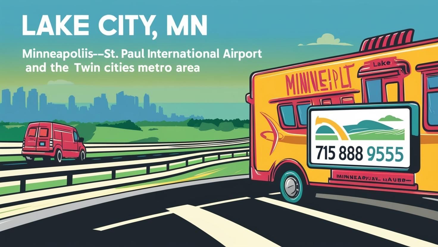 An advertisement for lake city mn shows a bus driving down a highway