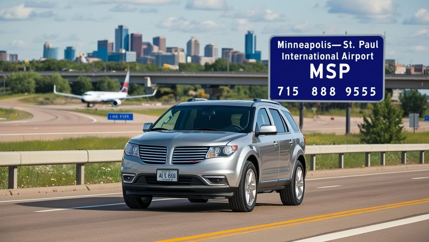 A silver car is driving down a highway next to a sign for minneapolis st paul international airport