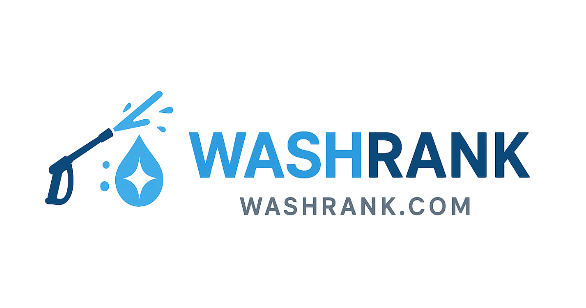 Logo for WashRank: a blue pressure washer spraying water over a stylized blue water droplet; the company name in blue text